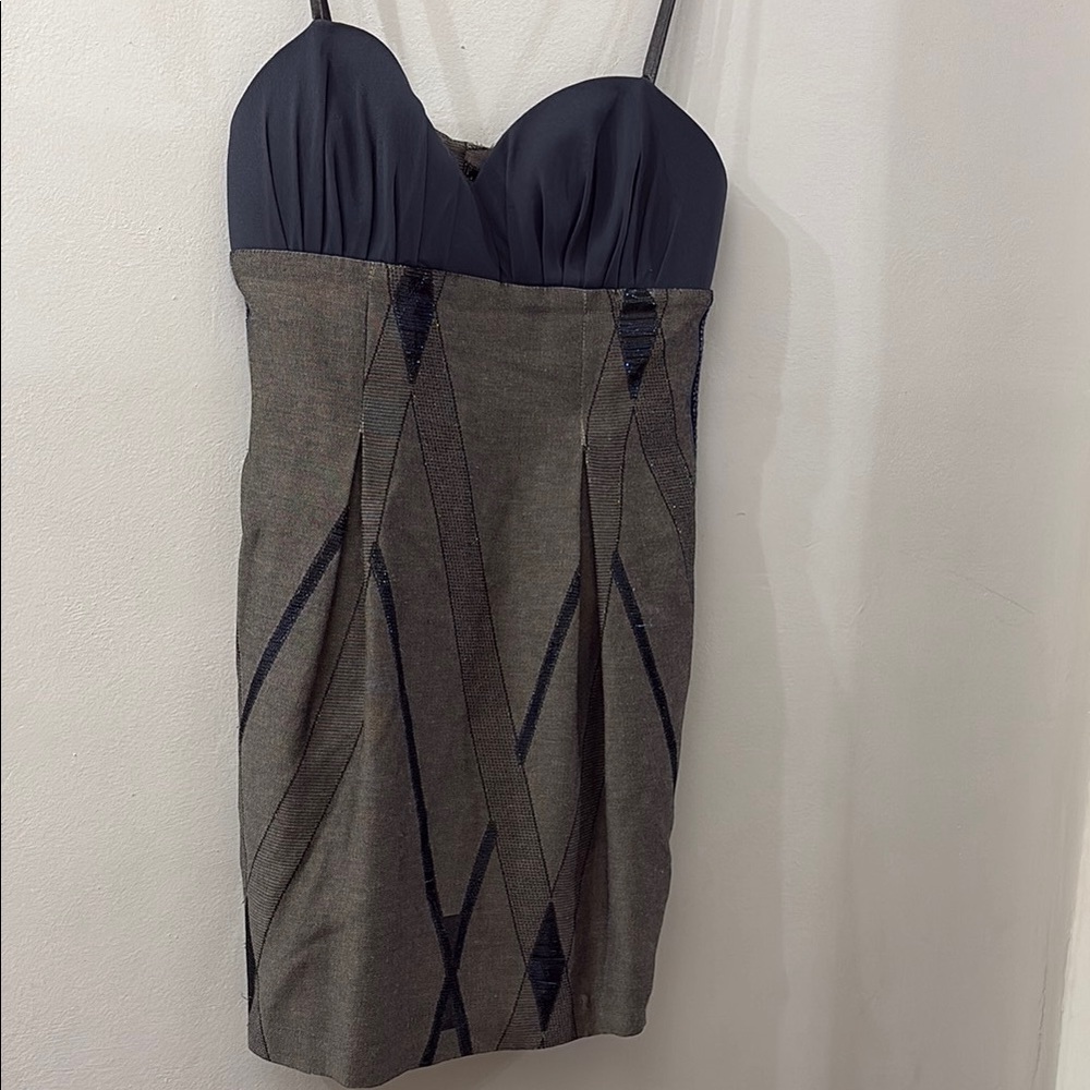 Paola Frani Blue and Gray Pleated Mini Dress - size 6 - beaded - padded bra